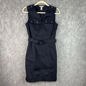 Banana Republic Sheath Dress‎ Size 2 Navy Blue Belted Safari Utility Sleeveless